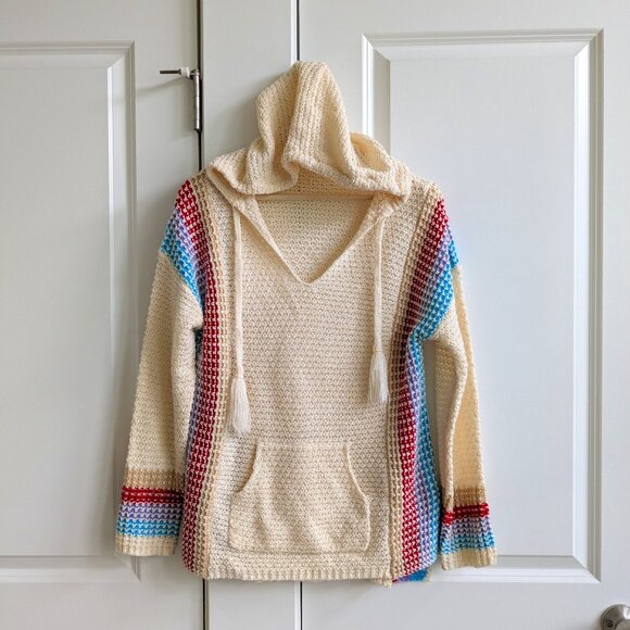 Tops - Crochet Knit Hoodie Sweater Women M Cream V Neck Tassels Boho Beach Surf Bonfire
